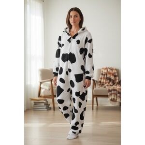 Silver Lilly‎ Cow Print Hooded Onesie Pajama Jumpsuit Womens Size Medium